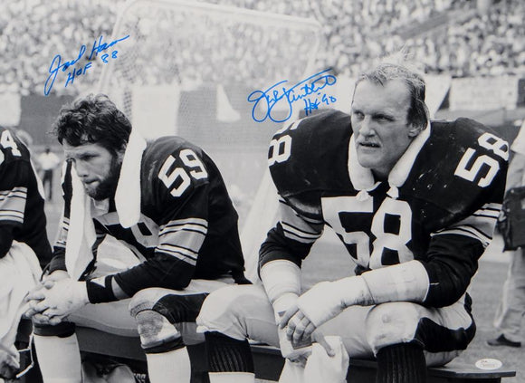 Jack Ham Jack Lambert Autographed 16x20 B&W On Bench Photo W/ HOF