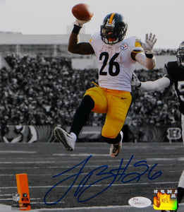 LeVeon Bell Autographed Steelers 8x10 B&W With Color PF. Jumping Photo- JSA W Auth