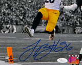 LeVeon Bell Autographed Steelers 8x10 B&W With Color PF. Jumping Photo- JSA W Auth