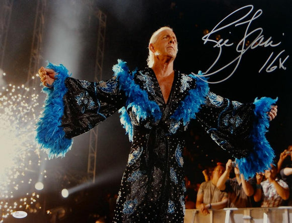 Ric Flair Autographed 16x20 Black and Blue Robe Photo- JSA Witnessed Auth