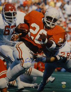 Earl Campbell Autographed *Blue 16x20 UT Running Against OU Photo- JSA W Auth