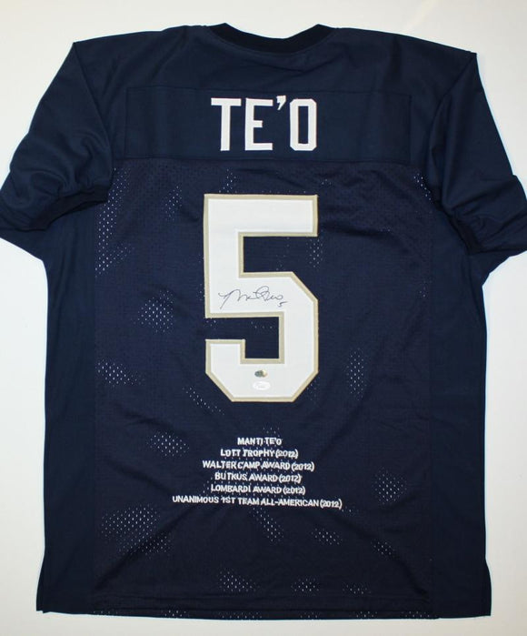 Manti Te'o Autographed Navy Blue College Style Stat Jersey- JSA W Authenticated