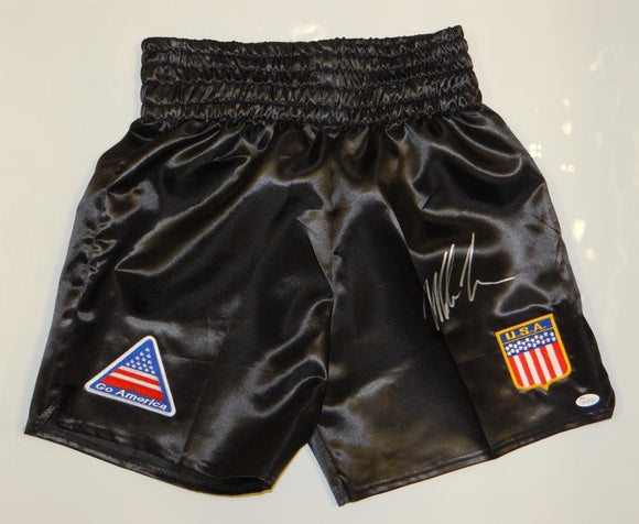Mike Tyson Autographed Black Boxing Trunks w/ Patches- JSA Witnessed Auth *Right