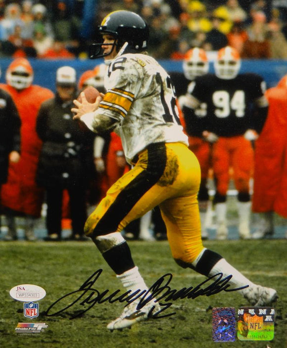 Terry Bradshaw Autographed Steelers 8x10 Looking To Pass PF. Photo- JSA W Auth
