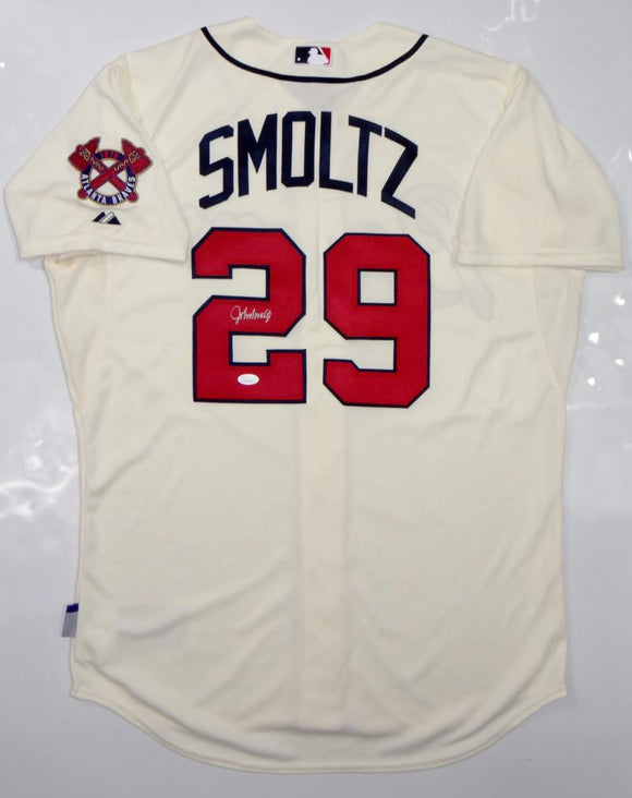 John Smoltz Autographed Atlanta Braves Cream Majestic MLB Authentic Je –  The Jersey Source