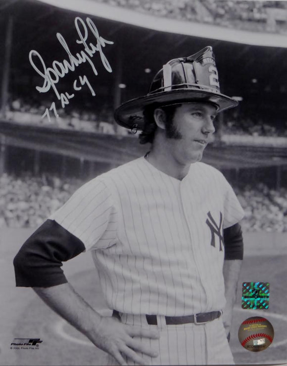 Sparky Lyle Autographed NY Yankees 8x10 B&W Fireman's Hat Photo- Jersey Source Auth