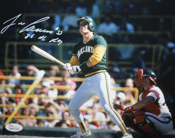 Jose Canseco Autographed *White 8x10 Swinging Photo W/ 86 AL ROY- JSA W Auth
