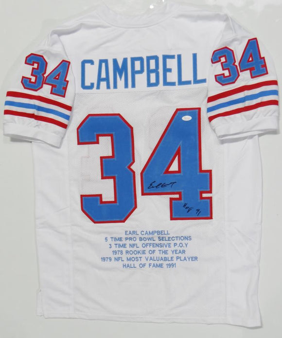 Earl Campbell Autographed White Pro Style Stat-1 Jersey With HOF- JSA W *Black