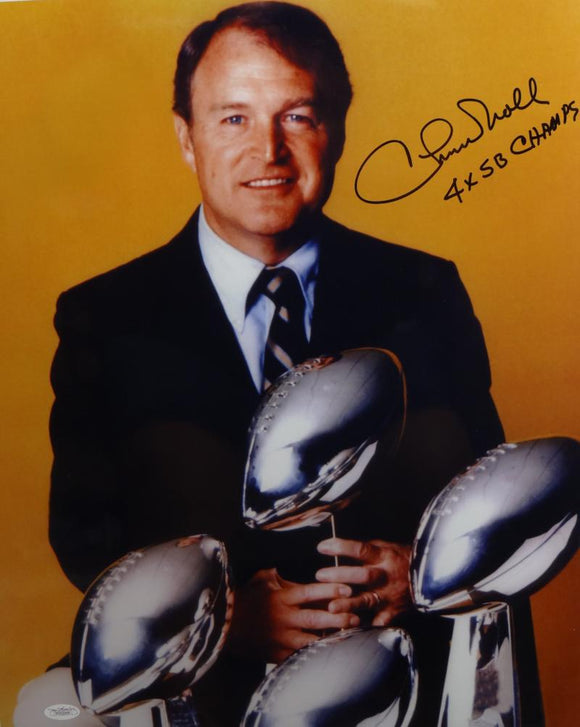 Chuck Noll Autographed Steelers 16x20 With Trophies Photo W/ SB Champs- JSA W Auth