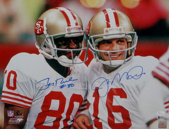 Joe Montana Jerry Rice Autographed 49ers 16x20 Smiling Photo- JSA W/Beckett Auth *Blue