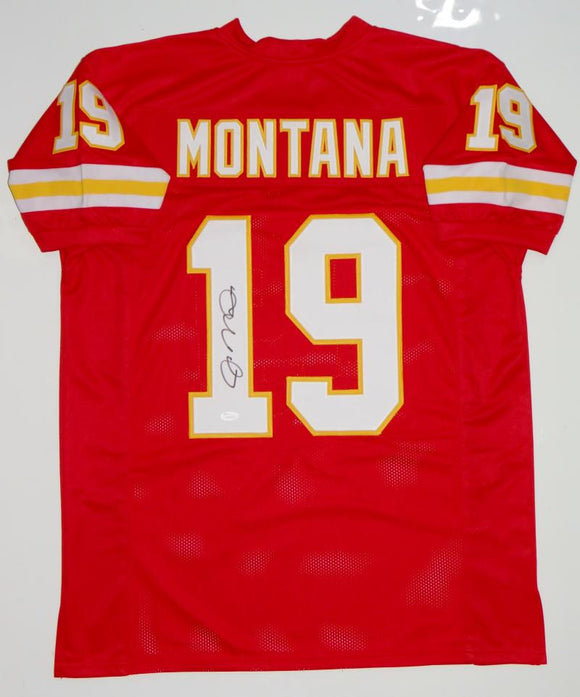 Joe Montana Autographed Red with Yellow Pro Style Jersey- JSA Witnessed Auth