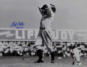 Bob Feller Signed Cleveland Indians 8x10 HOF B&W Pitching Photo- MLB Auth*Blue