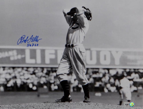 Bob Feller Signed Cleveland Indians 8x10 HOF B&W Pitching Photo- MLB Auth*Blue