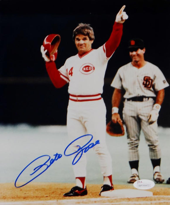 Pete Rose Signed 8x10 Cincinnati Reds On Base Pointing Photo-JSA W Auth *Blue