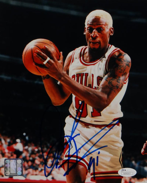 Dennis Rodman Autographed Chicago Bulls 8x10 with Ball- JSA Auth *Blue
