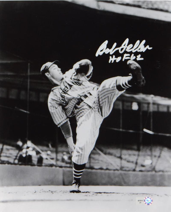 Bob Feller Signed Cleveland Indians 8x10 HOF B&W Pitching Photo- MLB Auth*Silver