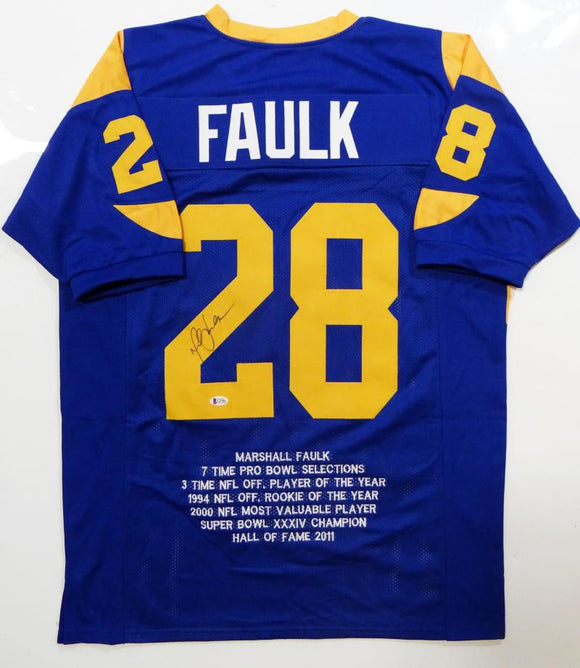 Marshall Faulk Autographed Blue Pro Style STAT Jersey- Beckett