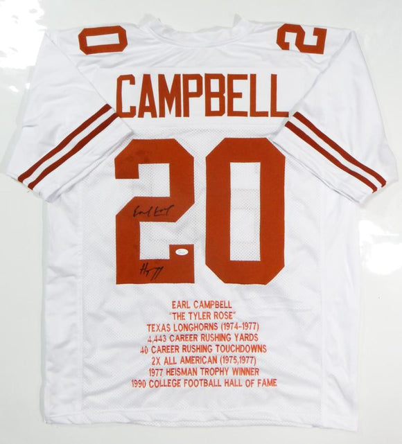 Earl Campbell Autographed White College Stat-2 Jersey W/ HT- JSA Witnessed Auth