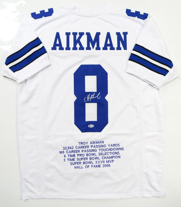 Troy Aikman Autographed White Pro Style STAT Jersey- Beckett Authentic –  The Jersey Source