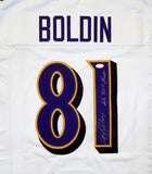 Anquan Boldin Autographed White Pro Style Jersey w/ SB Champs- JSA Witnessed Auth *1