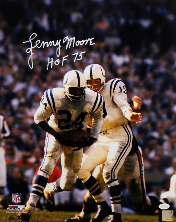 Lenny Moore Autographed Colts 16x20 PF Handoff with Ball Photo w/ HOF-JSA W Auth
