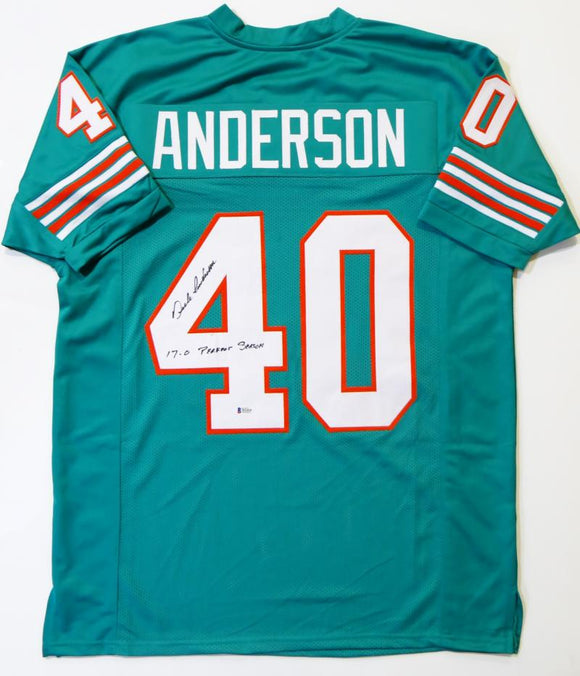 Dick Anderson Autographed Teal Pro Style Jersey w/ 17-0 Perfect Season- Beckett Auth *4