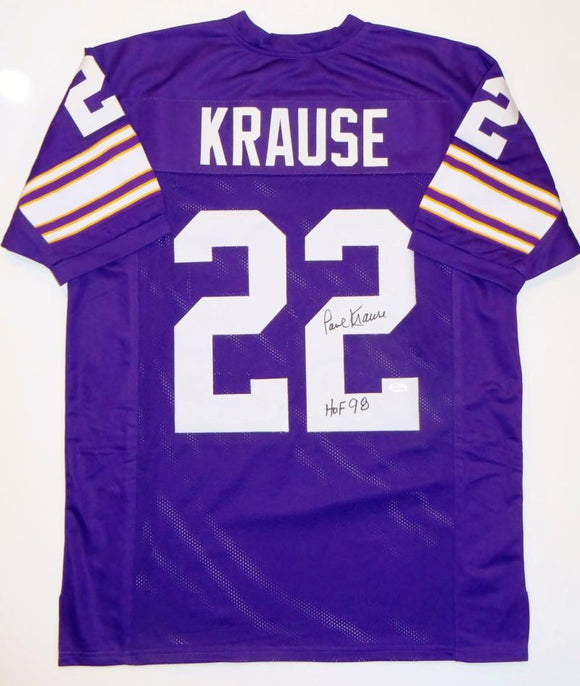 Paul Krause Autographed Purple Pro Style Jersey w/ HOF- JSA Witnessed Auth *R2