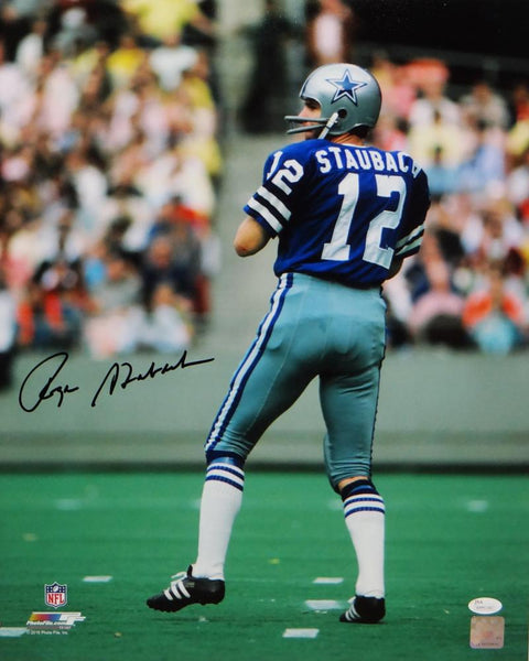 Roger Staubach Dallas Cowboys Autographed 16 x 20 White Jersey Vertical  Pass Under Center Photograph