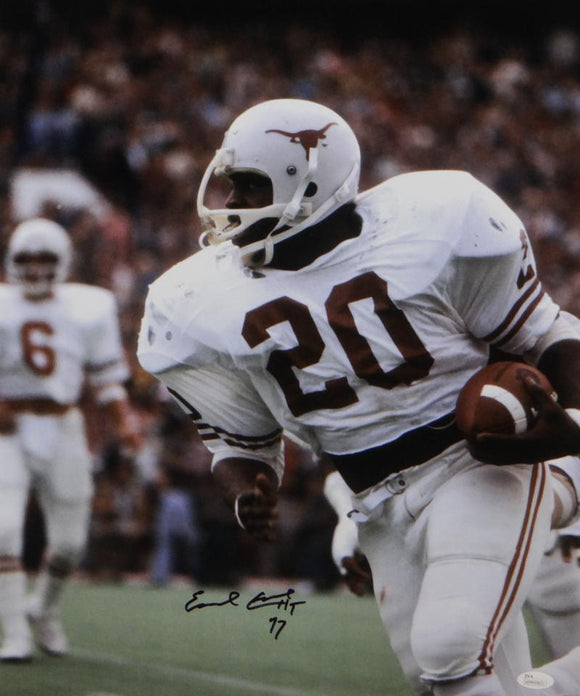 Earl Campbell Autographed UT Longhorns 16x20 Photo In White Jersey w/ HT- JSA W Auth *Black