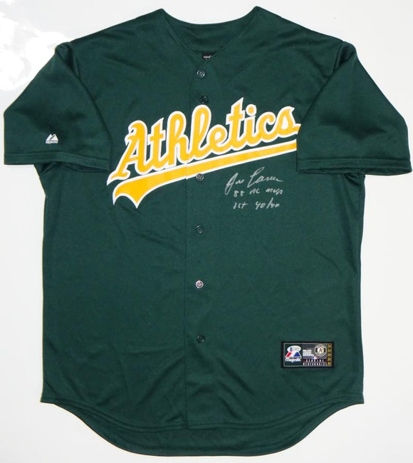 Jose Canseco Autographed Oakland A's Green Majestic Jersey w/ 2 Insc- Beckett Auth *Front