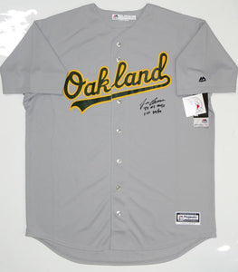 Jose Canseco Autographed Oakland A's Grey Majestic Jersey w/ 2 Insc- Beckett Auth *Front