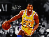 Magic Johnson Autographed Lakers 16x20 PF Photo BW & Color Dribbling- Beckett Auth *Silver