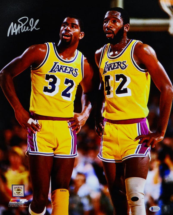 Magic Johnson Autographed Lakers 16x20 PF Photo w/ Worthy- Beckett Auth *Silver