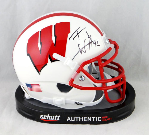 TJ Watt Signed Wisconsin Badgers White Schutt Mini Helmet JSA W Auth *Front
