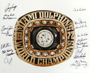 72 Dolphins Autographed 16x20 Super Bowl Ring w/ 19 Sigs -JSA W Auth *Black