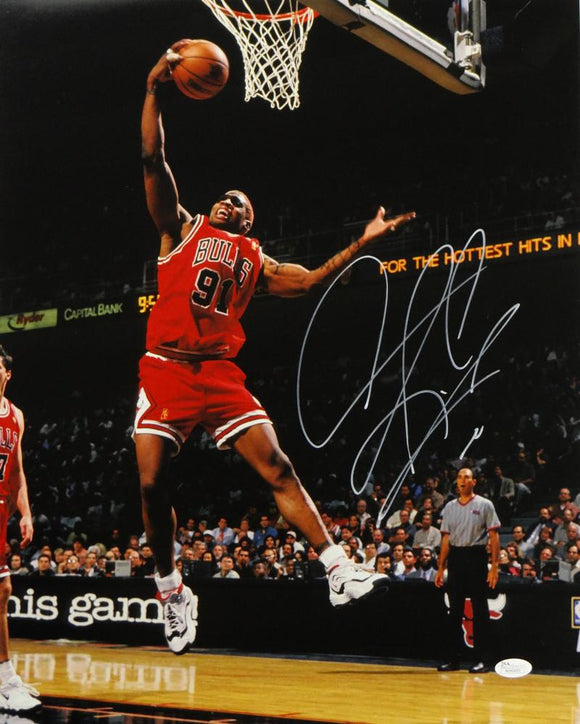 Dennis Rodman Autographed 16x20 Rebounding Red Jersey Photo- JSA W Auth *White