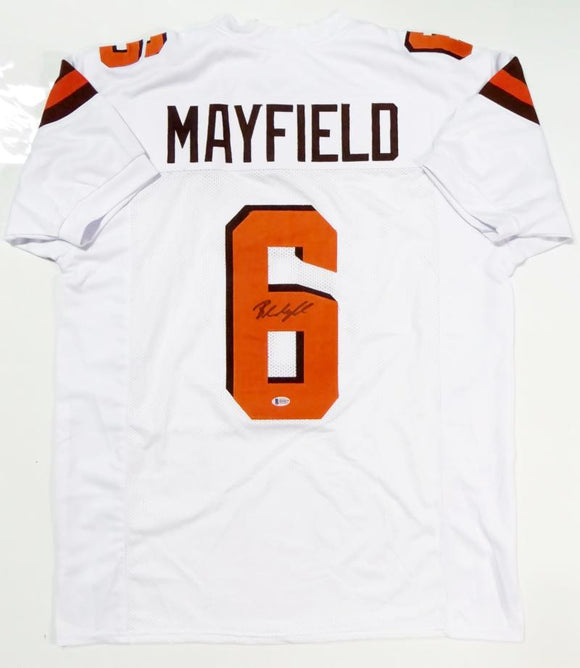 Baker Mayfield Autographed White Pro Style Jersey- Beckett Authenticated *Black