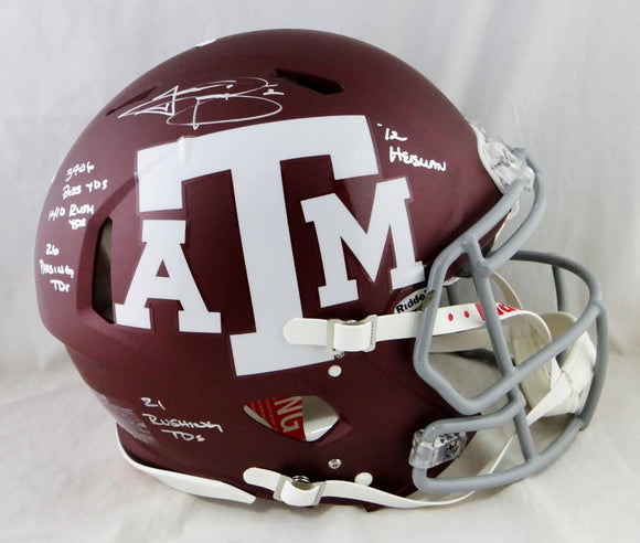 Johnny Manziel Autographed Texas A&M Maroon F/S Speed Authentic Helmet w/ Stats- JSA W Auth Image 1