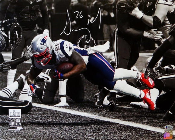 Sony Michel Autographed New England Patriots 16x20 PF SB LIII TD B/W Spotlight Photo  - Beckett Auth *White