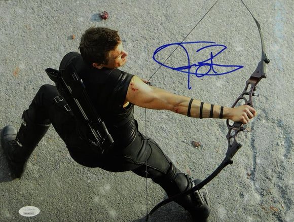 Jeremy Renner Autographed 11x14 Hawkeye Aerial Photo - JSA W Auth *Blue