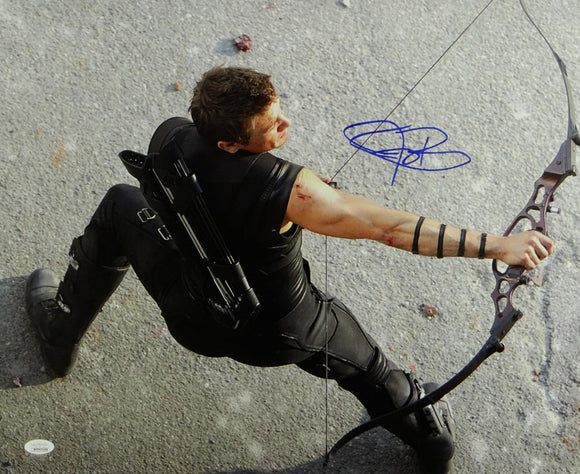 Jeremy Renner Autographed 16x20 Hawkeye Aerial Photo- JSA W Auth *Blue