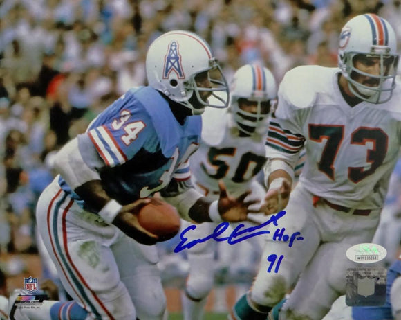 Earl Campbell Autographed Oilers 8x10 Photo Vs. Dolphins PF w/HOF- JSA W Auth *Blue