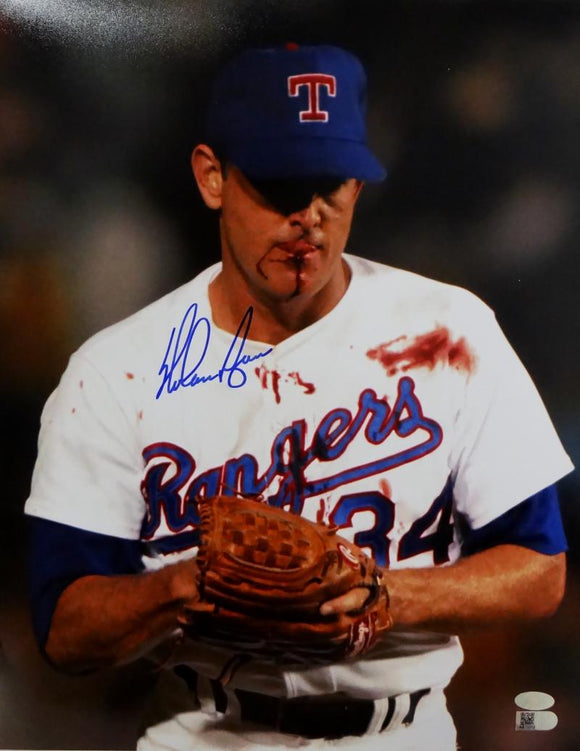 Nolan Ryan Autographed Texas Rangers 11x14 Bloody Lip Photo - AI Verified *Blue