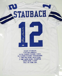 Roger Staubach Autographed White Stat4 Pro Style Jersey- Beckett Authenticated