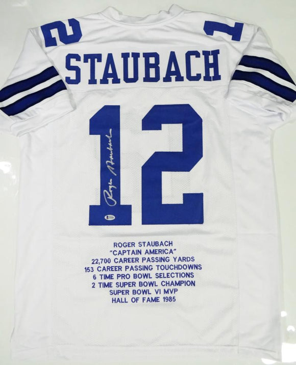 Roger Staubach Autographed White Stat4 Pro Style Jersey- Beckett Authenticated