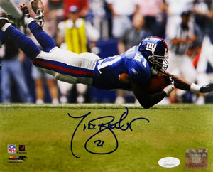 Tiki Barber Autographed New York Giants 8x10 Diving PF Photo- JSA W Auth *Blue