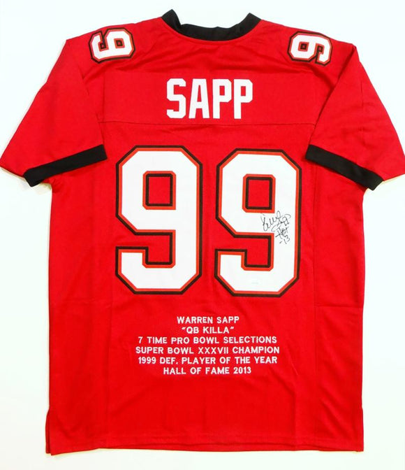 Warren Sapp Autographed Red Pro Style STAT Jersey w/ HOF- JSA W  Auth *R9