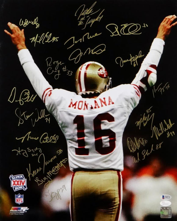 1989 San Francisco 49ers Signed 16x20 Montana Backview Photo w/ 20 Sigs - Multi Auth
