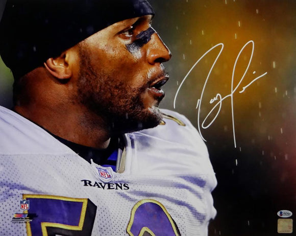 Ray Lewis Autographed Baltimore Ravens 16x20 PF Close Up In Rain Photo - Beckett Auth *White
