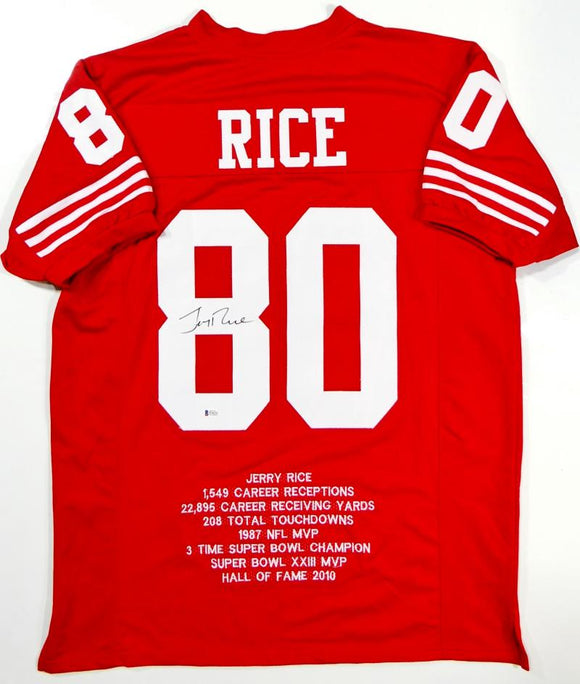 Jerry Rice Autographed Red Pro Style Stat Jersey - Beckett Auth *8